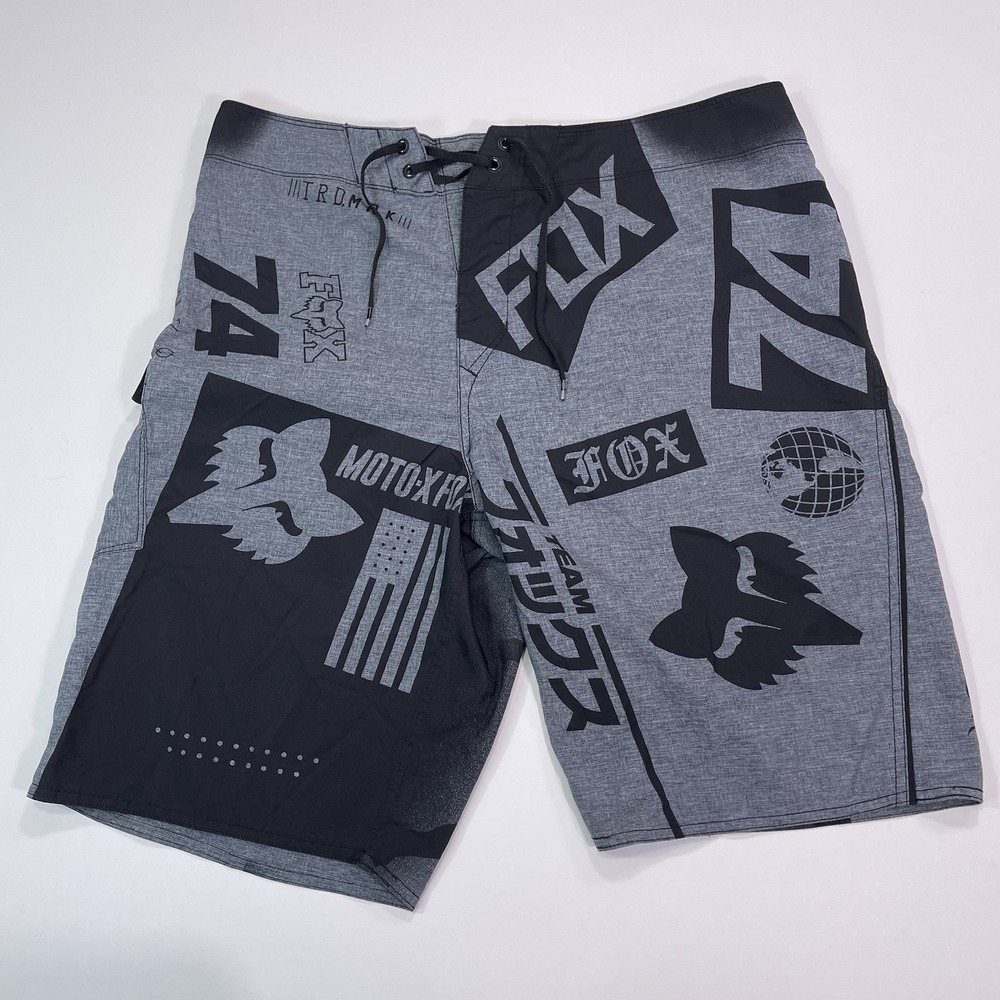 Fox Racing Board Shorts Men's 34 (36x10) Swim Trunks 10" Black Gray AOP Surf